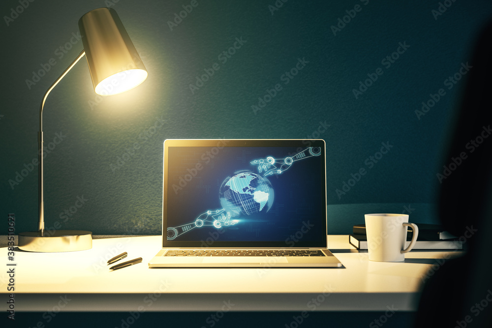 Poster creative abstract robotics technology sketch with globe on modern laptop monitor, future technology 