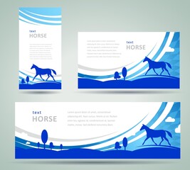 Set Roll up banner horse, meadow curves blue color background