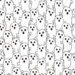 Halloween cartoon ghost crowd doodle  seamless texture. Vector stock pattern. Cute ghost carachters. Holiday party  background. Hand drawn design elements. For postcards, greetings, logo. - 383510806