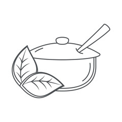 sugar bowl with spoon and leaves line icon style