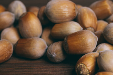 Pile of nuts. Hazelnuts. Whole nuts. Macro photo.