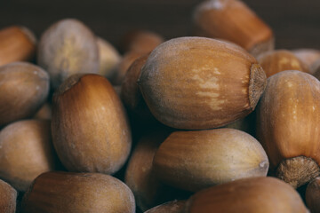 Pile of nuts. Hazelnuts. Whole nuts. Macro photo.