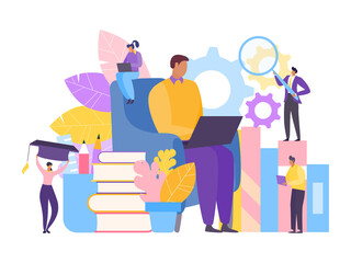 People study education online, vector illustration. Flat university student with knowledge book concept. Business school design library, graphic technology banner and character learn literature.