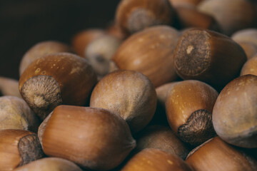 Pile of nuts. Hazelnuts. Whole nuts. Macro photo.