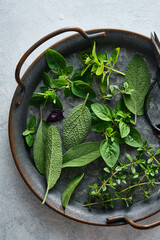 Mixed fresh herbs, thyme, sage, dill and oregano.