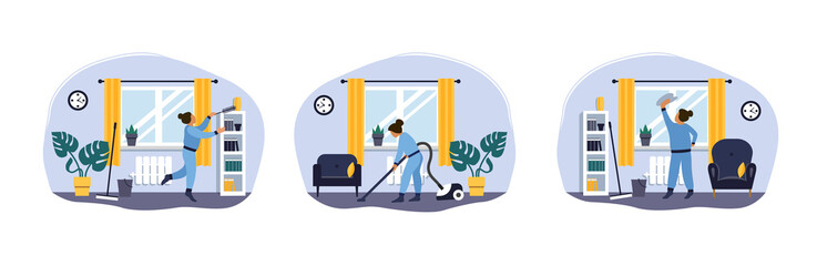 Set of vector illustrations on the theme of cleaning. Girl vacuuming the floor. Clean the floor, clean the apartment.  Vacuum cleaner.The girl washes the window, wipes the dust from the closet