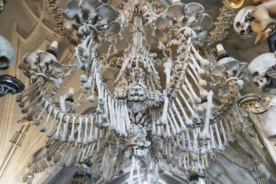 Kostnice Church in Kutna Hora with Ossuary interior decoration from human bones and skulls, Czech republic