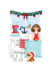 Fototapeta premium Christmas cooking watercolor vector illustration interior design kitchen on white background
