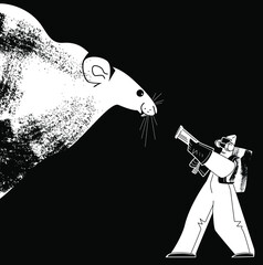 Pest control man in a protective overcoat and respirator fights with a big rat. Rodent service control with equipment device for killing vermin. Concept stock vector illustration.