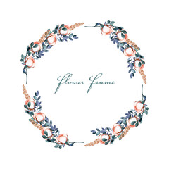 Naklejka premium Floral wreath frame eucalyptus leaves golden branches wedding decoration invitation watercolor cotton flowers on white background