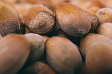 Pile of nuts.Hazelnuts. Whole nuts. Corylus avellana. Macro photo, close up.
