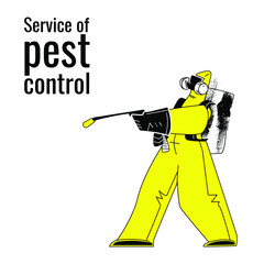Pest control man in a protective overcoat and respirator. Rodent control service with device for killing vermin. Concept stock vector illustration isolated on white background.