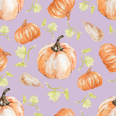  pumpkin, sunflower. Watercolor hand drawn illustration. Autumn set. Thanksgiving Day. Harvest Festival. print, textiles. Background, paper.Seamless pattern


