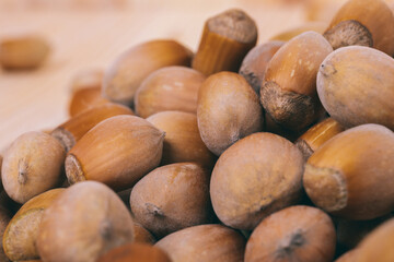 Pile of nuts.Hazelnuts. Whole nuts. Corylus avellana. Macro photo, close up.