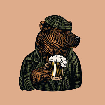 Grizzly Bear with a beer mug. Brewer with a glass cup. Fashion animal character. A wild beast in a newsboy s cap. Hand drawn sketch. Vector engraved illustration for logo and tattoo or T-shirts.