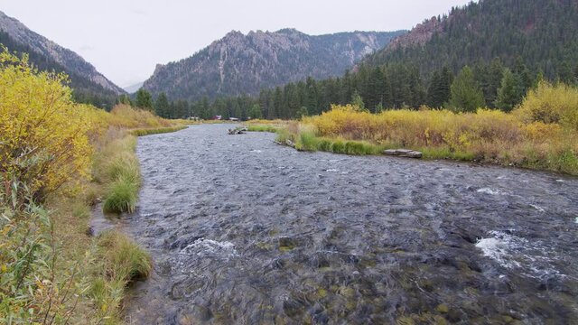 Scenic view of the Madison River flowing looking upstream during midge fly hatch in West Yellowstone.