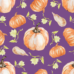  pumpkin, sunflower. Watercolor hand drawn illustration. Autumn set. Thanksgiving Day. Harvest Festival. print, textiles. Background, paper.Seamless pattern

