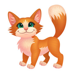 Raster cartoon adorable red cat, domestic pet illustration isolated on white background with clipping path