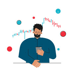 Vector flat concept about financial markets. Caucasian man is trader working online on stocks exchange. Investor is analyzing data on bar chart, deciding to buy shares using mobile app on phone