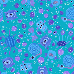 Fototapeta na wymiar Seamless space-themed pattern with aliens, monsters, planets