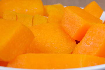 Pieces of pumpkin close-up. Macro shot.