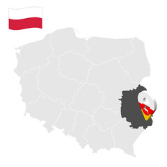 Location of  Lublin Province on map Poland. 3d location sign similar to the flag of Lublin Province. Quality map  with  provinces of  Poland for your design. EPS10.