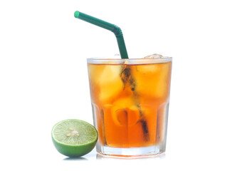 glass of iced tea with lemons  isolated on a white background