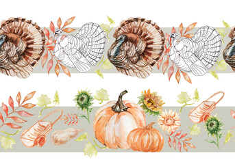 
Border, frame, postcard, logo, Turkey, pumpkin, sunflower. Watercolor hand drawn illustration. Autumn set. Thanksgiving Day. Harvest Festival. print, textiles. Background, paper.Seamless pattern
