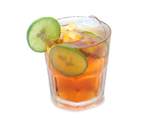 glass of iced tea with lemons  isolated on a white background