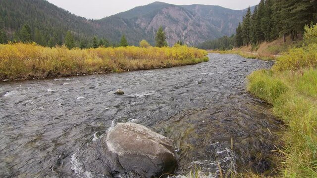 Looking down stream of the Madison River flowing in Fall above Earthquake Lake in Montana.