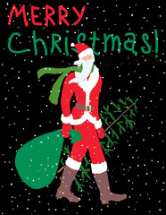 Christmas greeting card of Santa Claus walking with fir tree and gifts bag