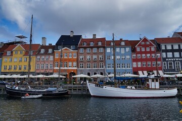 Copenhagen, Europe, colored houses in Nyhavn, promenade, front