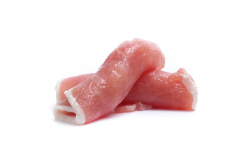 Raw pork meat with parsley herb leaves isolated on white background