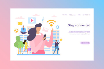 Media character with mobile network, vector illustration. Stay connected online with smartphone, chatting in internet. Man woman character use social application in flat phone design.