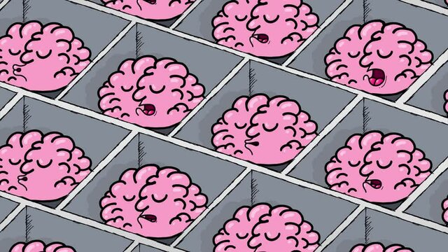 Cartoon brains in cubicles in a big never ending office. They are sleeping. Seamles loop. Metaphor of a passive futuristic society.