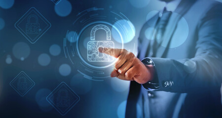 Businessman touching, pointing Closed Padlock on technology background, Modern safety digital background. Lock Protection system, Cyber Security and information or network protection