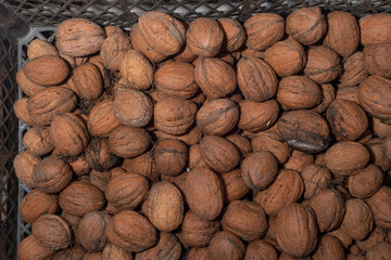 texture of walnut in a basket, dirty walnut in shell, freshly harvested