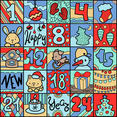 Cute doodle advent calendar with funny animals, square format for 25 days. Vibrant advent calendar for kids. Square calendar with New Year decor. Christmas greeting card with funny doodles