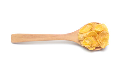 Cornflakes on spoon wood isolated on white background
