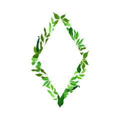 Rhombus Shaped Frame with Green Leaves or Foliage Vector Illustration