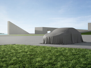 Large concrete floor and abstract gray building. 3d rendering of new car covered with cloth.