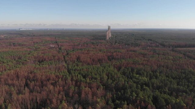 Aerial view of the DUGA Soviet abandoned missile defence radar station near the city of Chernobyl 2 among the 
Polissya forest in Chernobyl exclusion zone. Also known as Russian woodpecker