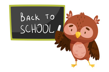 Funny Owl Writing on Blackboard with Chalk Vector Illustration