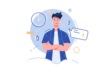 Stylish and young guy with emotions and with wireless headphones, network isolated on white background, flat vector illustration