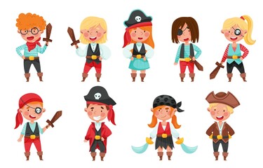 Cheerful Boys and Girls in Pirate Costumes with Sword or Saber Vector Set