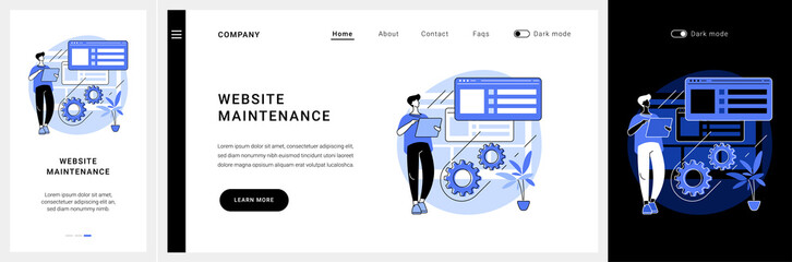 Website maintenance website UI kit. Website service, webpage seo maintenance, web design, corporate site professional support, security analysis, update landing and mobile app vector UI template.
