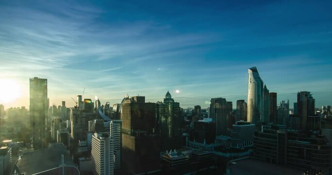 4K timelapse landscape view of the metropolitan city center of Bangkok in Thailand while the sunrise in the morning with clear blue sky