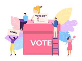Vote by paper ballot in democracy election, vector illustration. People character voting at campaign choice to government, politics poll. Man woman near flat box with decision concept.