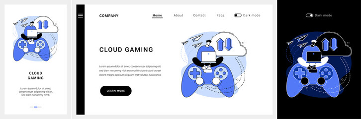 Cloud gaming website UI kit. Gaming on demand, video and file streaming, cloud technology, various devices game, online platform, AI gaming solution landing and mobile app vector UI template. © Visual Generation