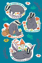 Stickers with badgers and forest pieces. Vector graphics.